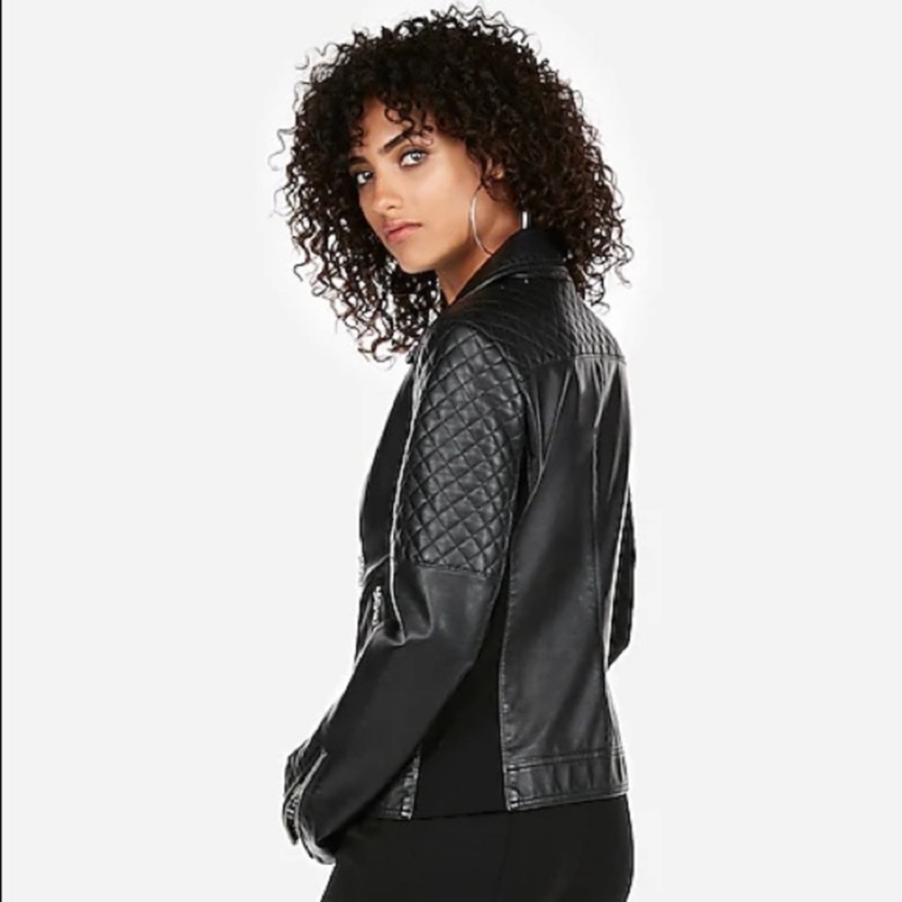Express Black Leather Moto Jacket with Quilted Shoulders